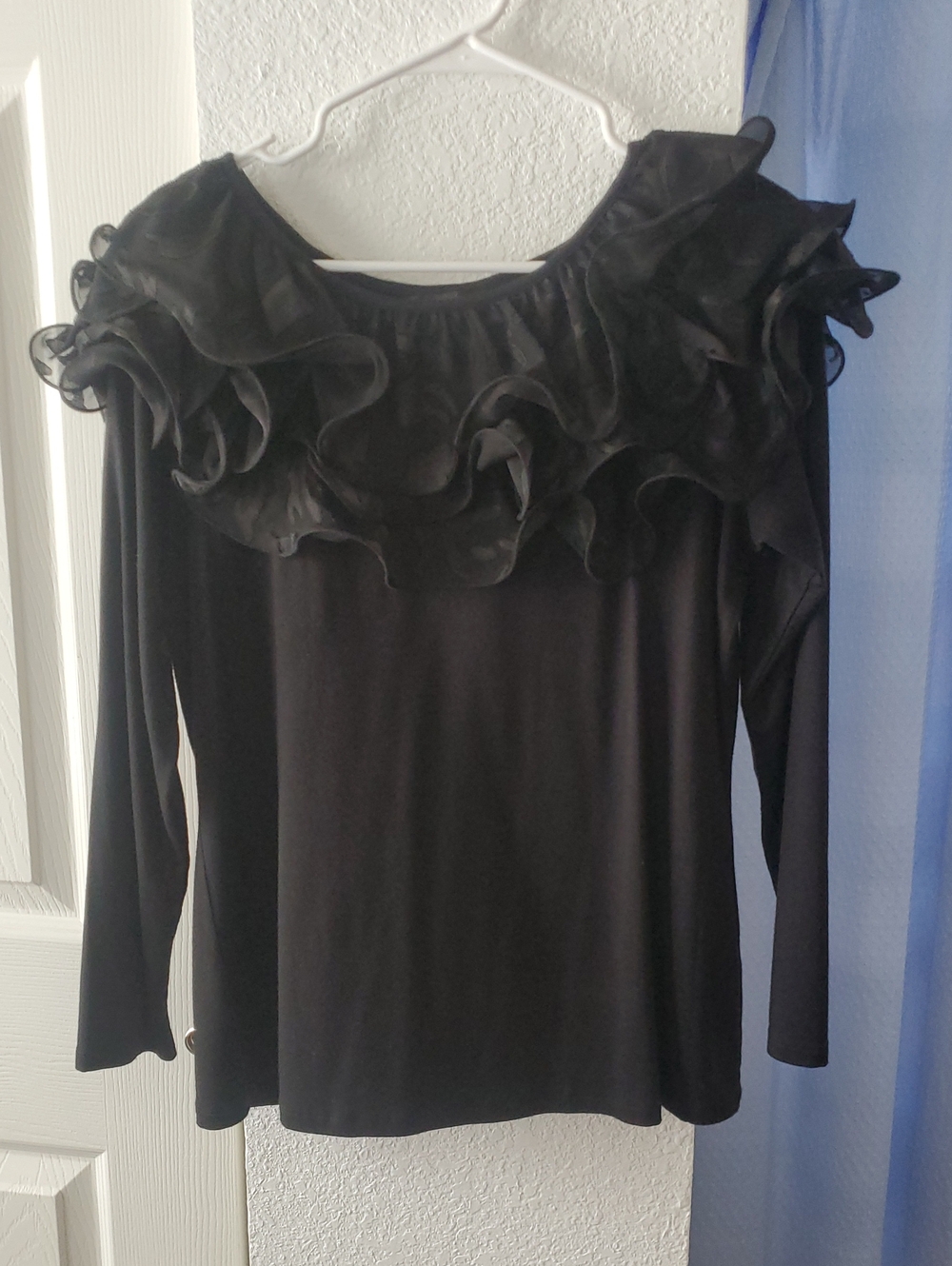 Elegant Black Long-Sleeve Ruffle Neck Top